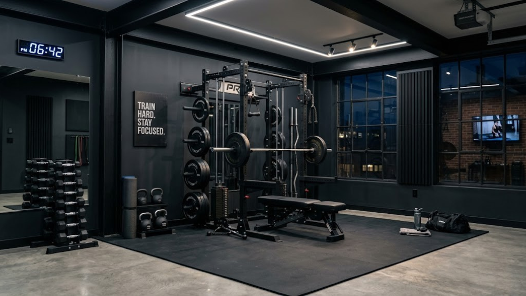 A well-equipped home gym with barbells, dumbbells, a rack, and rubber flooring