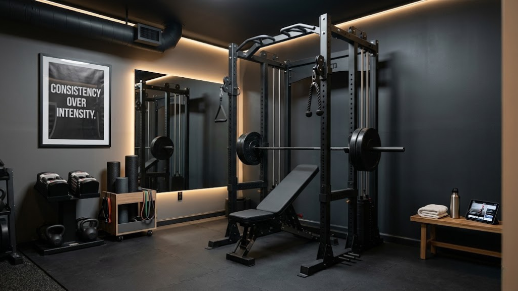 All-in-one home gym setup in a modern dark training room