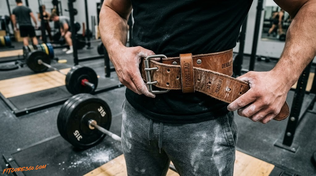Close up of leather weightlifting belt being fastened before a deadlift