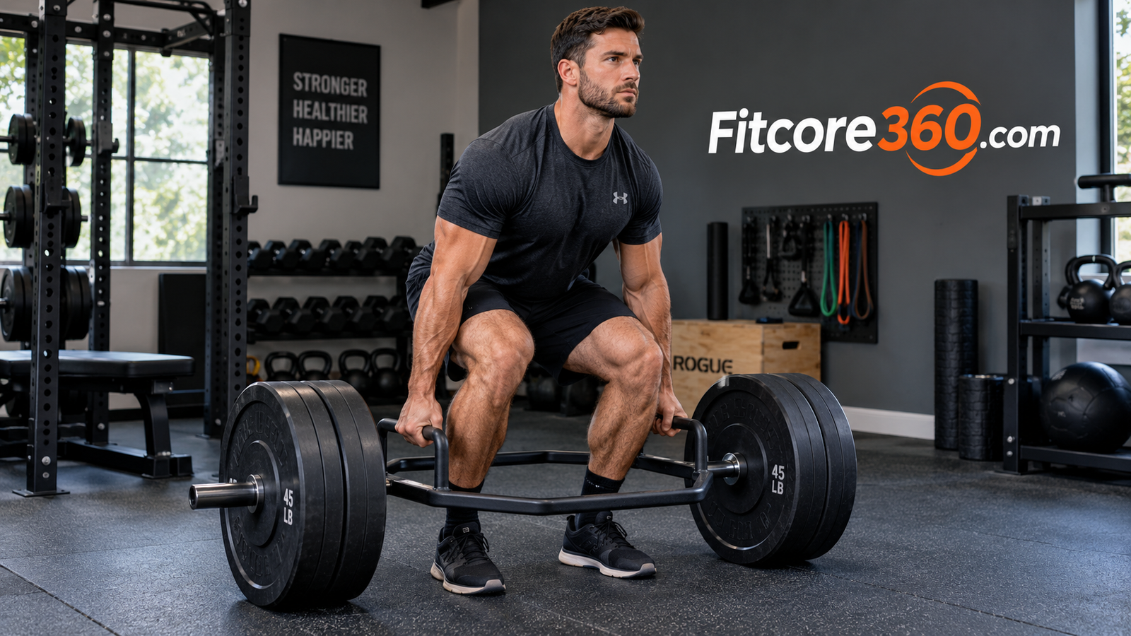 Athlete performing a deadlift with a trap bar in a home gym