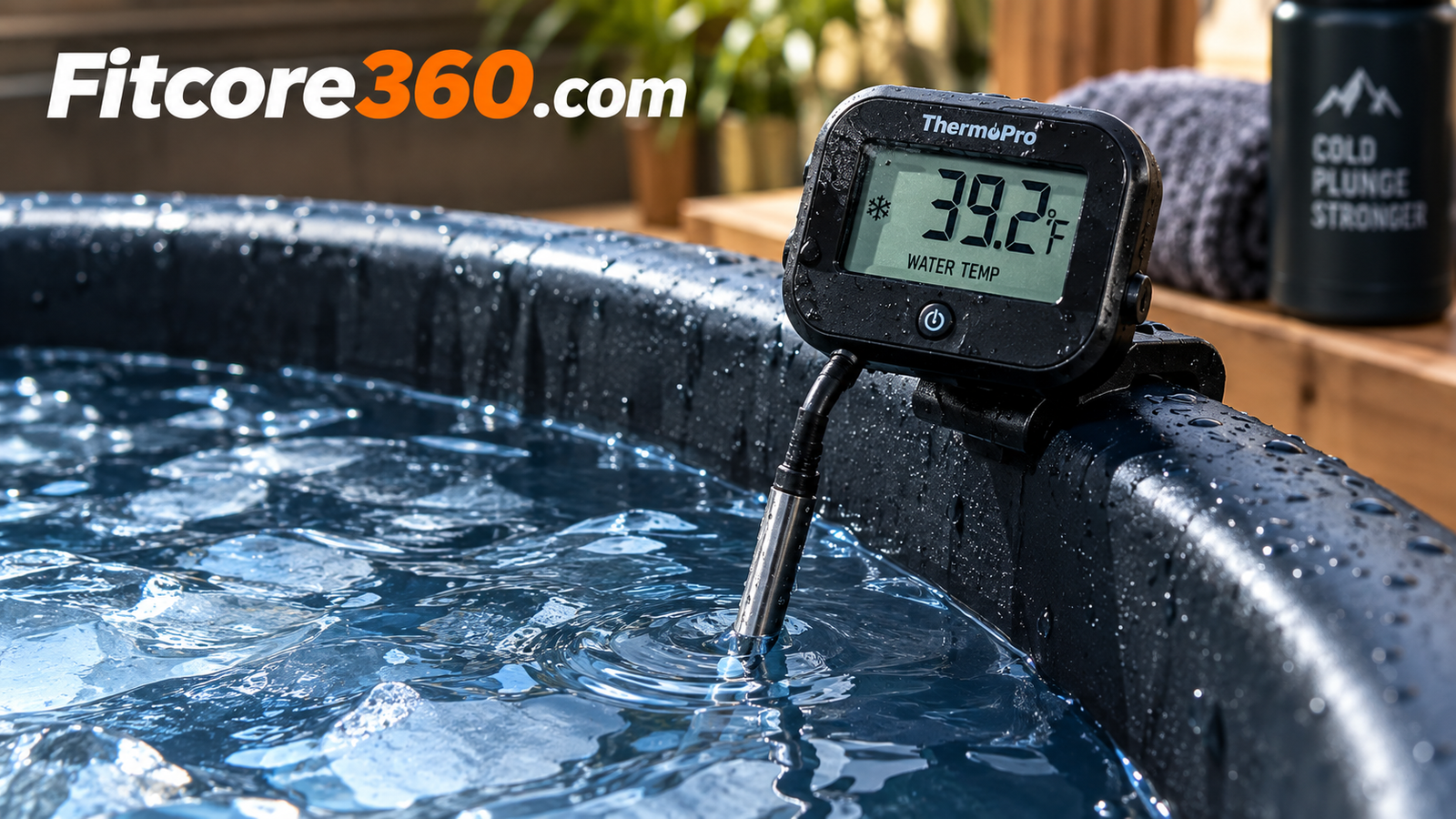 Close-up of a digital thermometer reading water temperature in a cold plunge tub