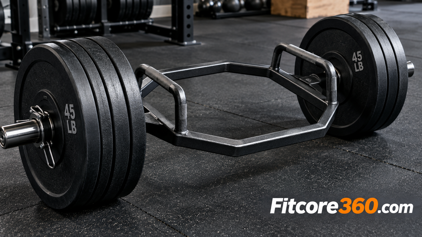 Close up of a hex trap bar loaded with weight plates on a gym floor