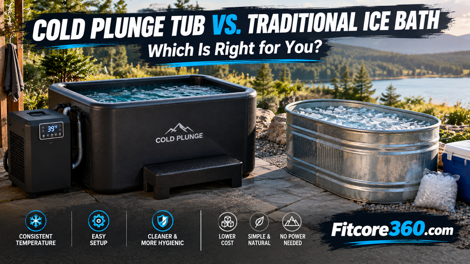 Cold plunge tub next to a traditional ice bath setup outdoors