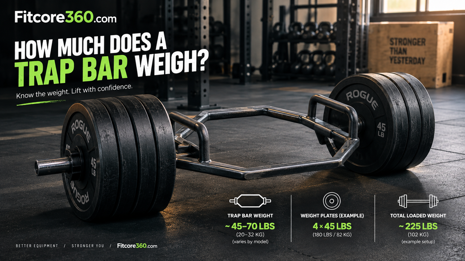 Trap bar loaded with weight plates on a gym floor illustrating how much a trap bar weighs
