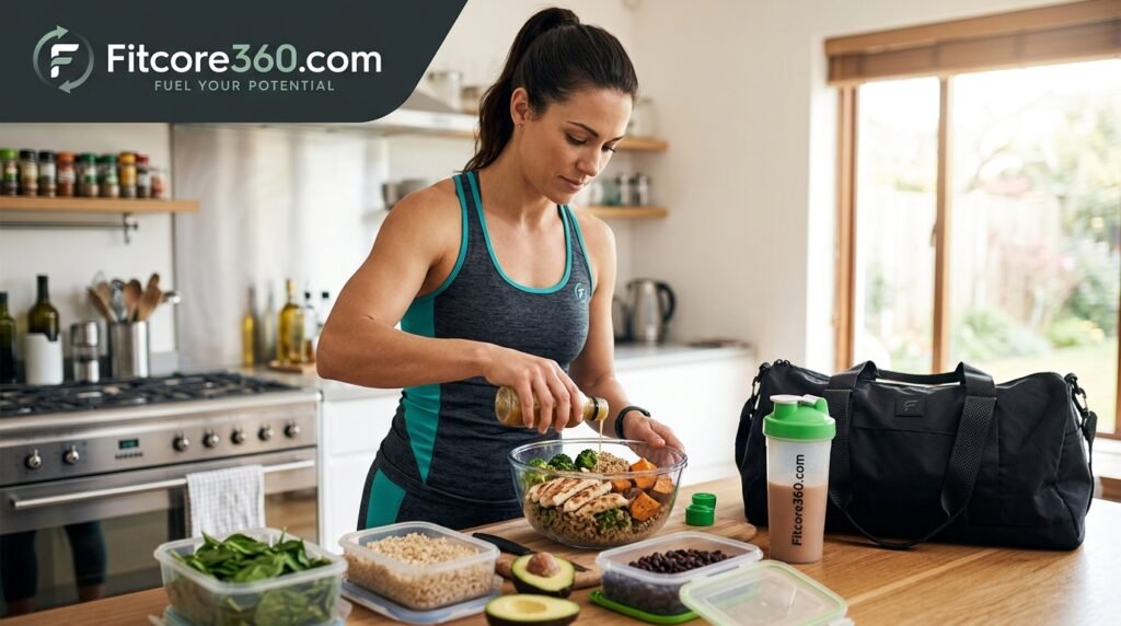 Athlete preparing a high-protein meal next to a gym bag and shaker bottle