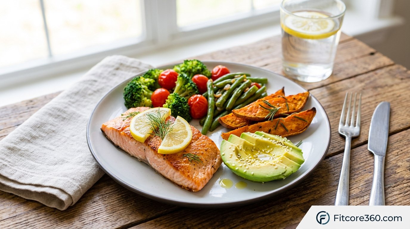 Balanced plate with lean protein, complex carbohydrates, vegetables, and healthy fats