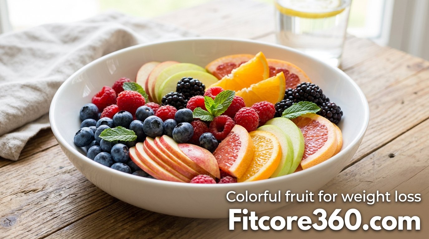 Colorful bowl of fresh berries, apple slices and citrus for weight loss