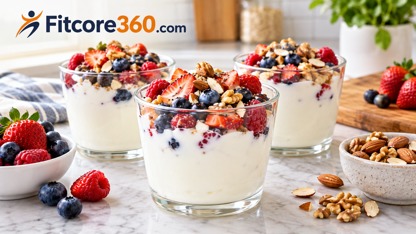 Single-serve Greek yogurt cups lined up for a weight loss breakfast