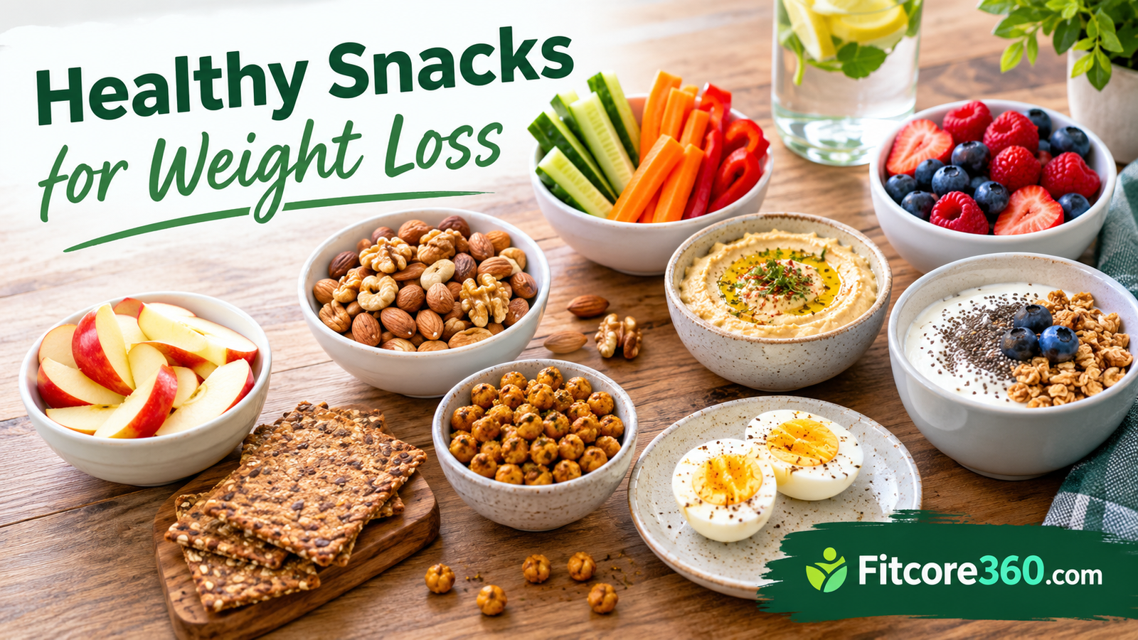 Healthy snacks for weight loss laid out on a table