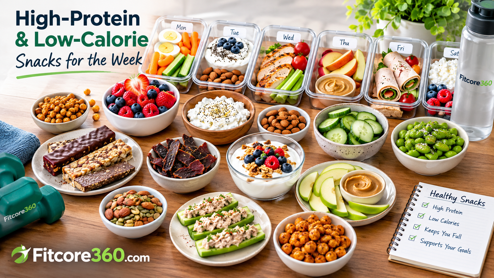 Assorted high-protein and low-calorie snacks arranged for the week