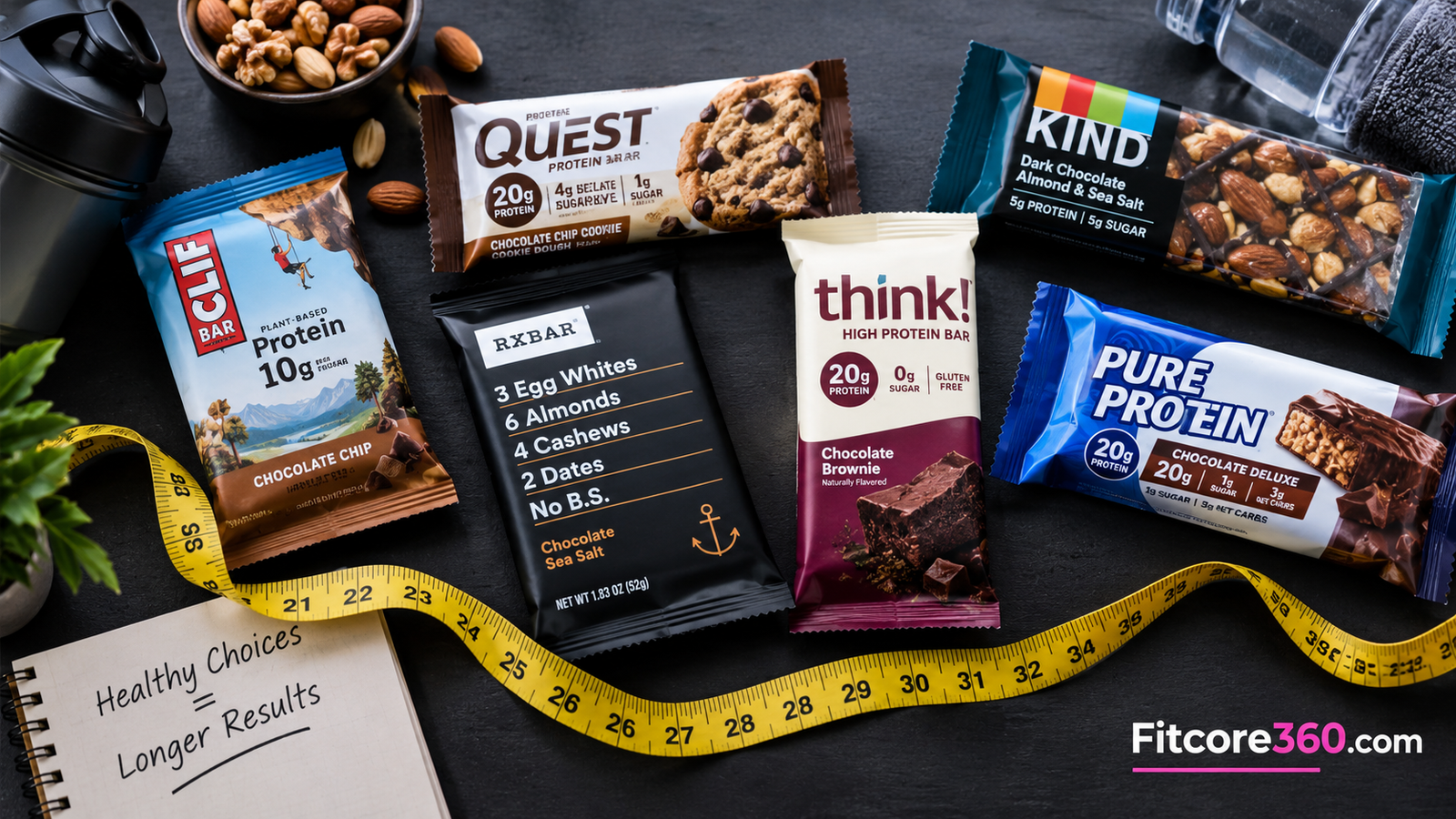 Assortment of protein bars for weight loss laid out on a dark table with a measuring tape