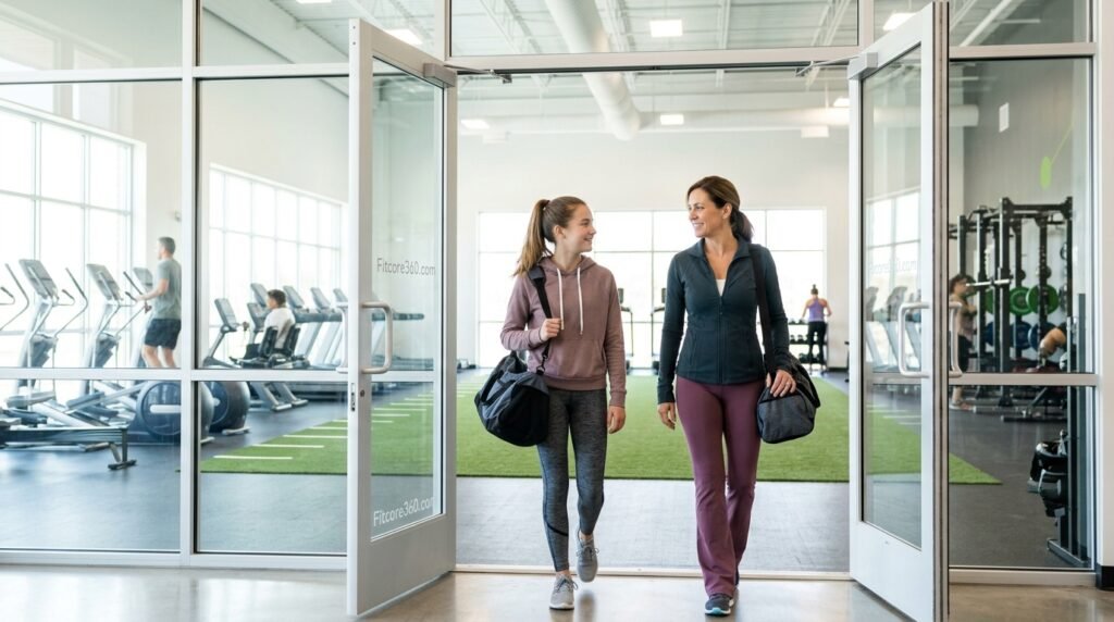 Teenager and parent walking into a bright, modern gym together