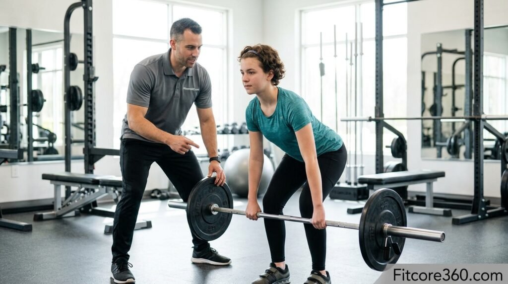Teenager doing a supervised barbell lift with a coach in a bright gym