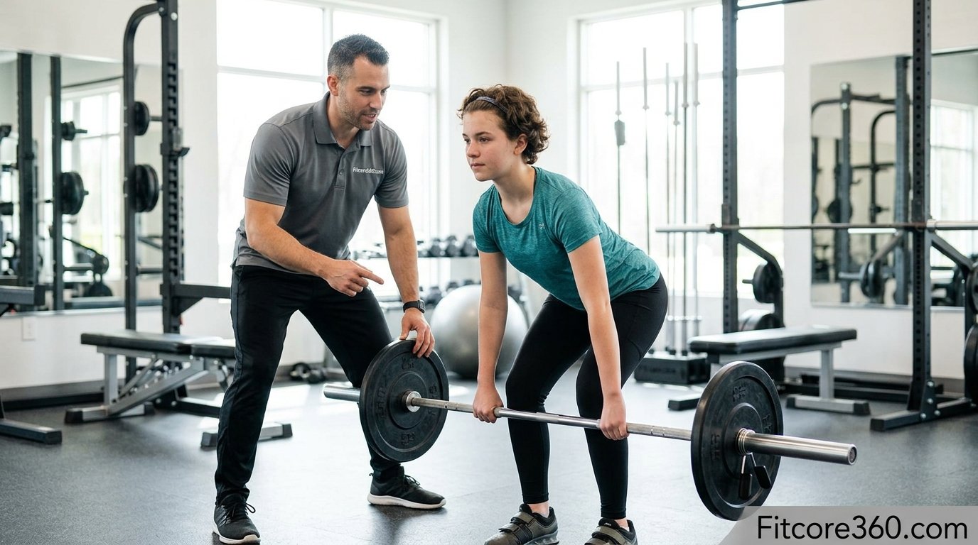 Teenager doing a supervised barbell lift with a coach in a bright gym