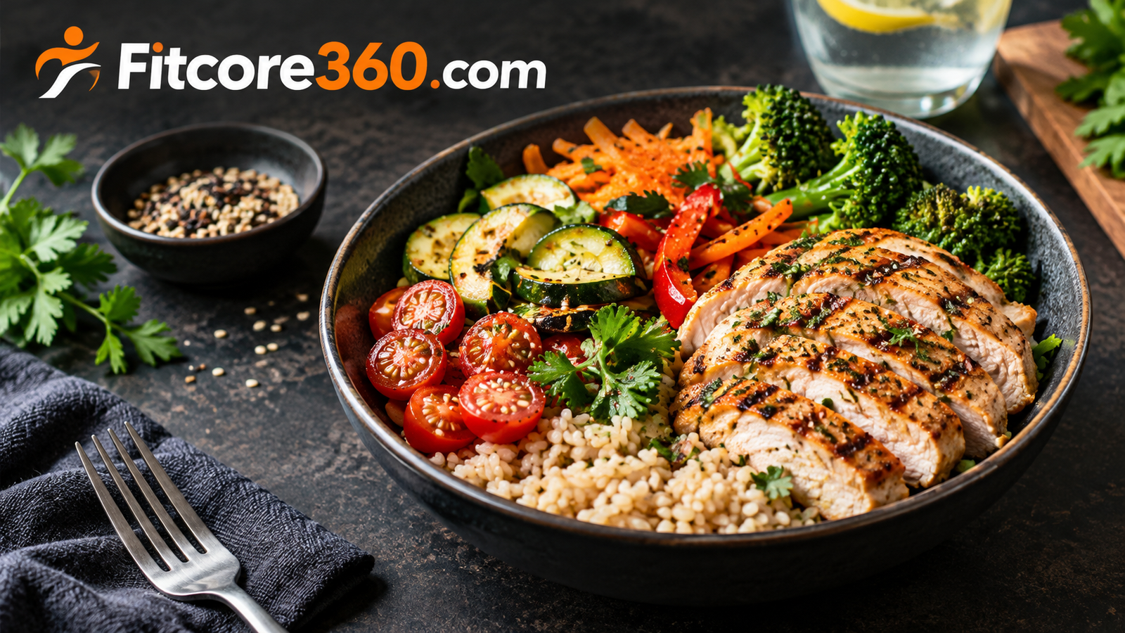 A bowl of cooked brown rice topped with vegetables and grilled protein on a dark table